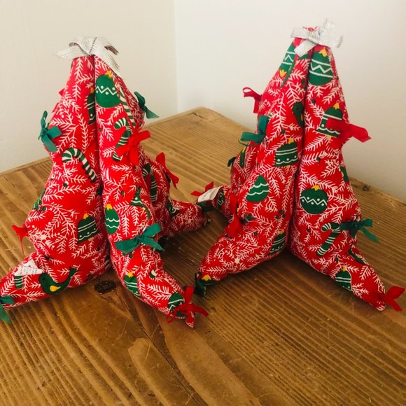 Two Vintage Quilted Fabric 8" Christmas Trees Bows Holiday Table Decor - Picture 3 of 11